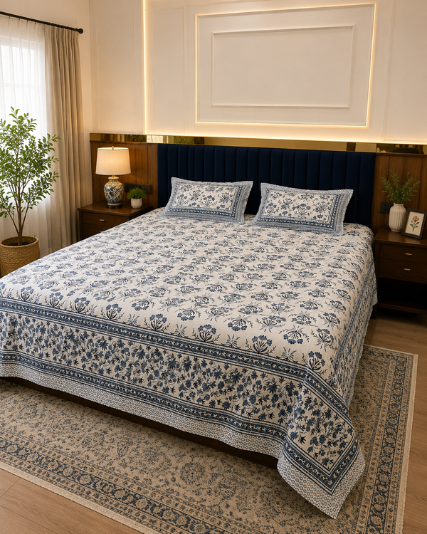 Indigo Floral Jaipuri Bedsheet